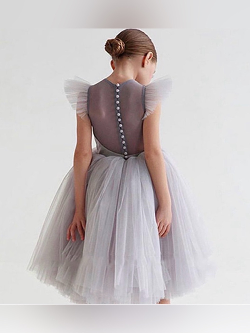 Girls' Light Gray Tulle Dance Dress with Button-Back